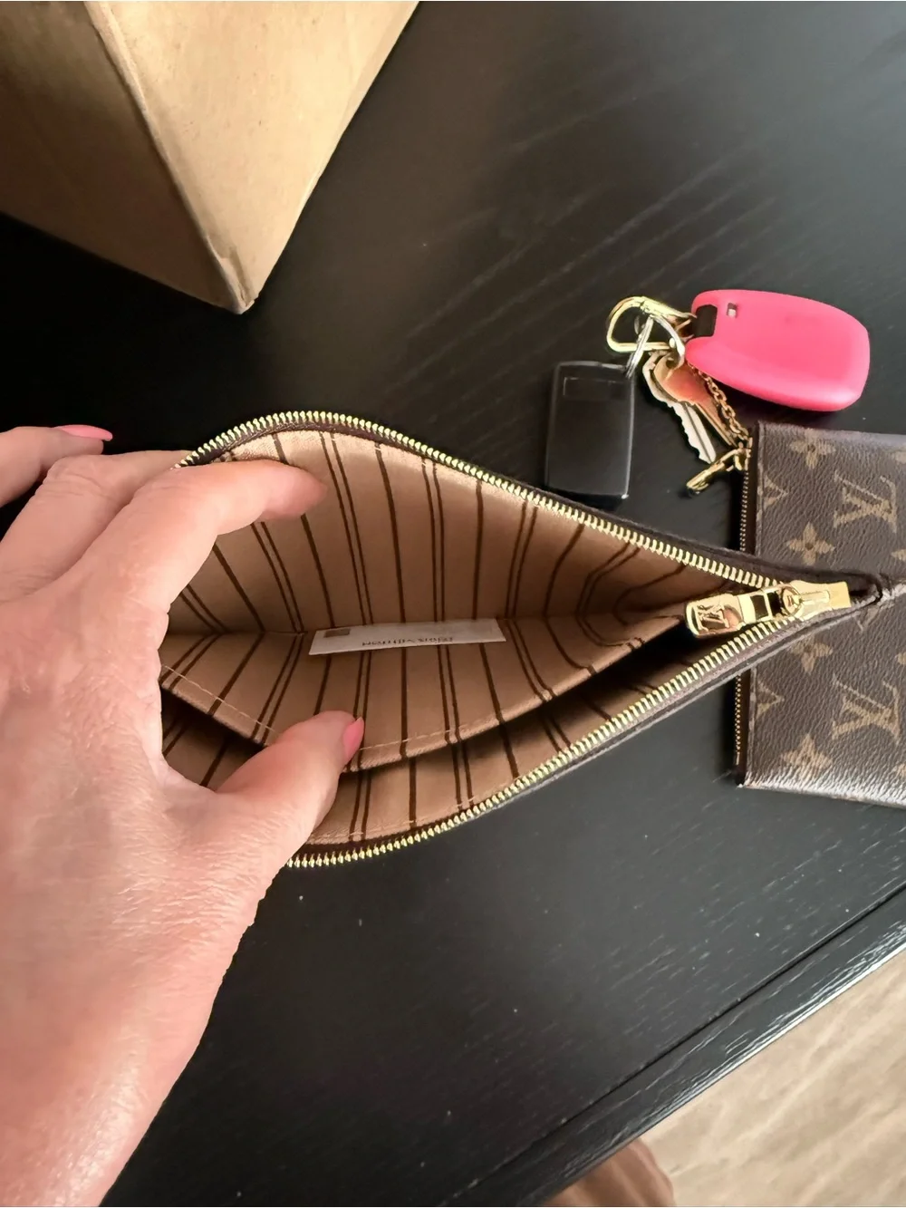 Louis Vuitton Brown Monogram Wristlet with Pink Stripe and Patch